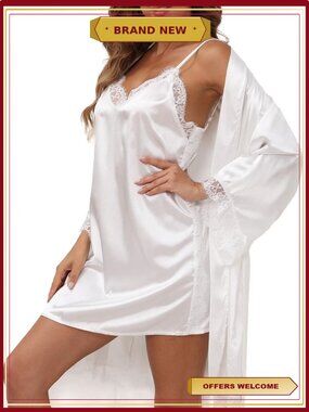 Lace Cami Nightgown with Satin Silk Robe Set Plus Size Sleepwear 2XL